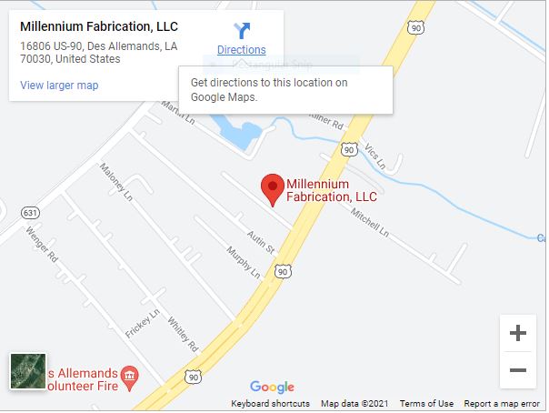 Map showing Millennium Fabrication, LLC at 16806 US-90, Des Allemands, LA 70030